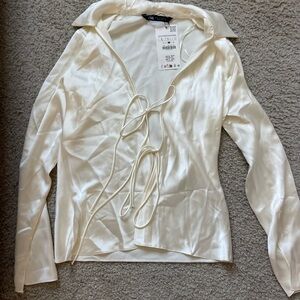 Zara Ivory Satin Lace-Up Blouse